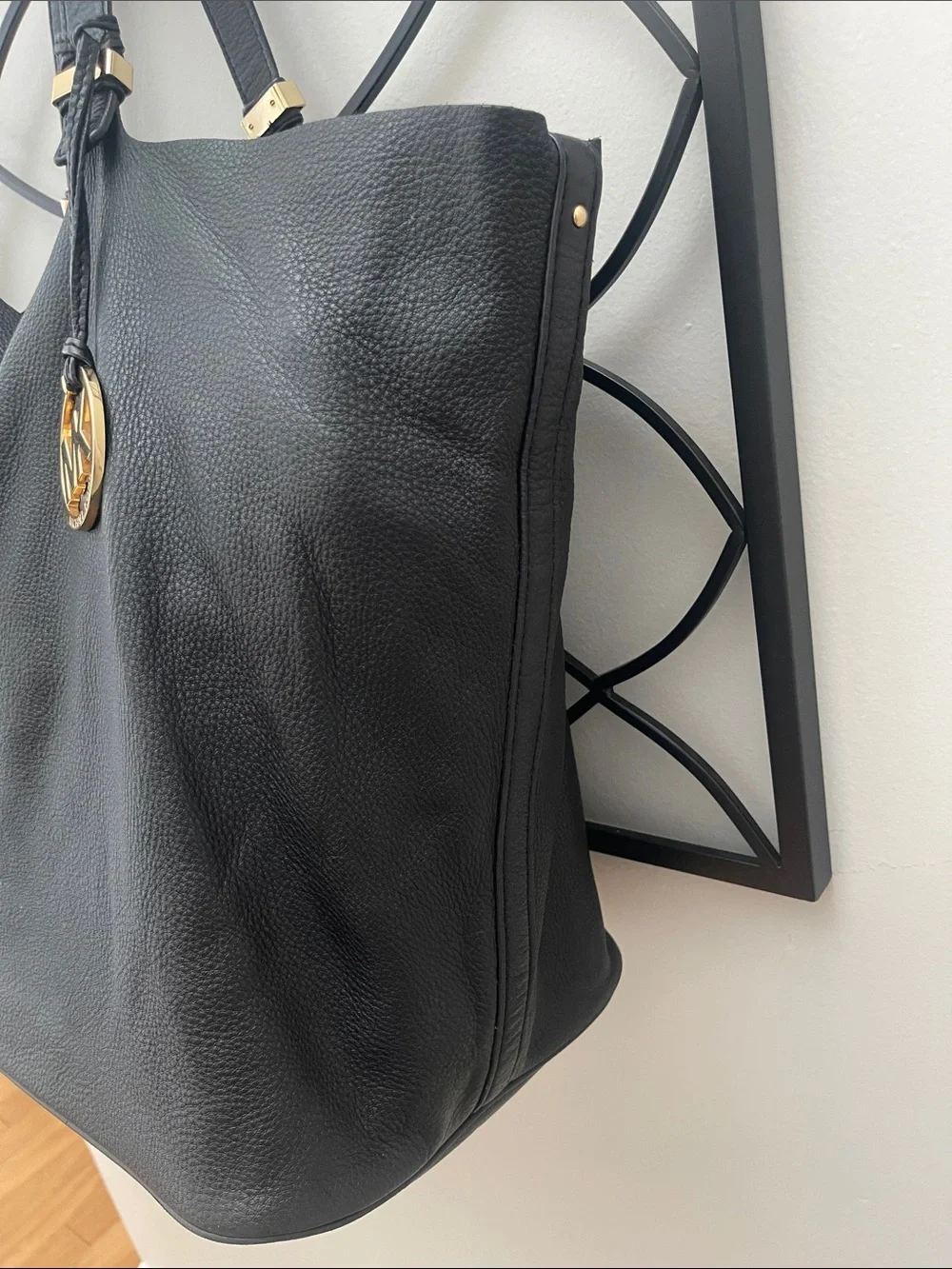 Michael Kors Large Slouchy Black Pebbled Leather Tote with Gold MK Pendant